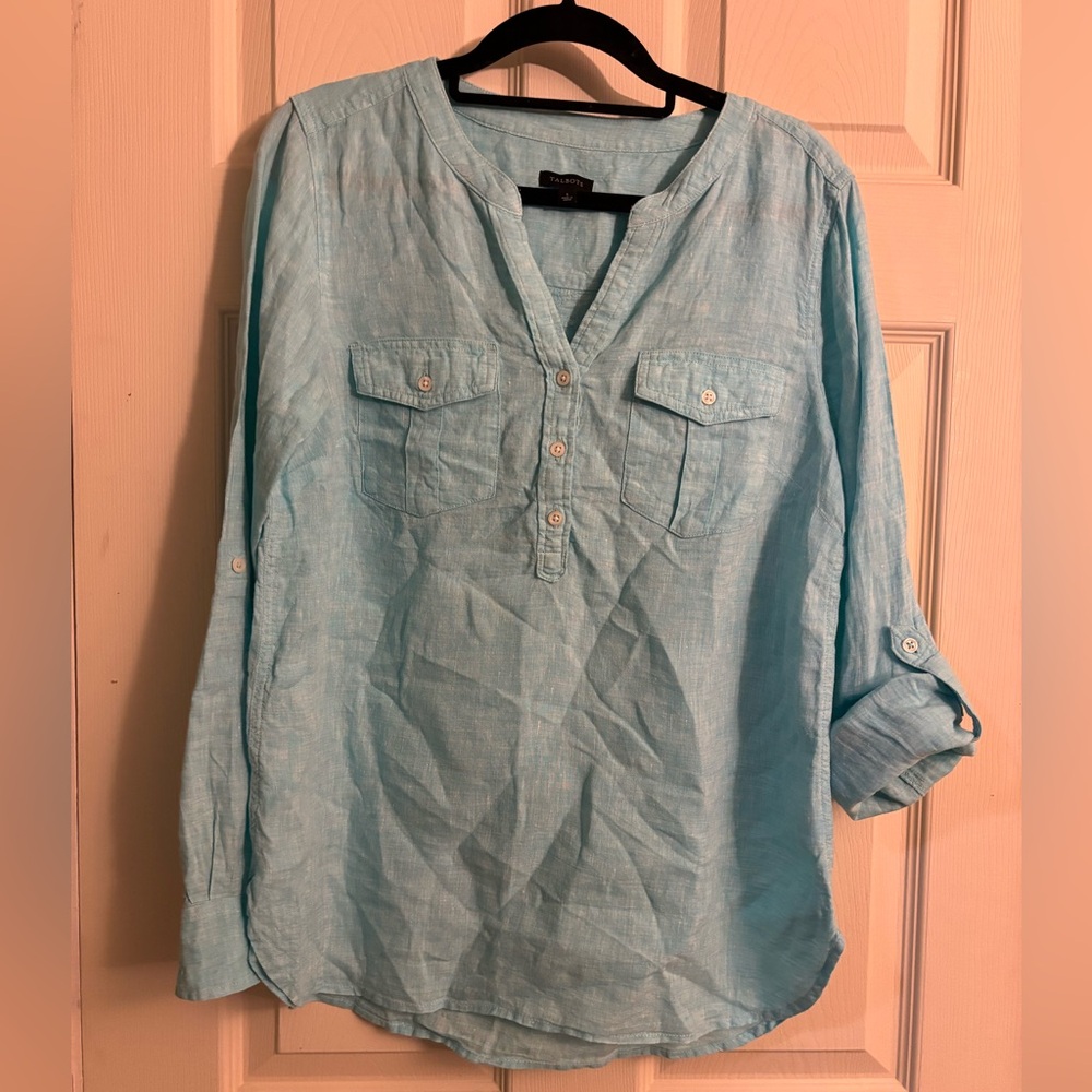 Talbots Light Blue Full Linen Natural Fiber Fall Button-Up Top Rolled Sleeves